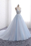 Real Picture Light Blue Off the Shoulder V Neck Backless Prom Dresses Evening Formal Dress