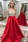 Chic Deep V Neck Open Back Red Satin Prom Dresses Evening Gowns Party Dress