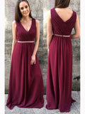 A Line V Neck Ruffles Burgundy Chiffon Long Prom Dress Evening Bridesmaid Dresses