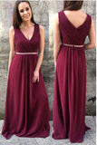 A Line V Neck Ruffles Burgundy Chiffon Long Prom Dress Evening Bridesmaid Dresses