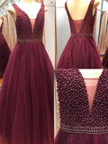 Deep V Neck Burgundy Tulle Pearls Backless Prom Dresses Evening Gowns Party Dress
