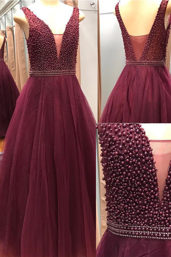 Deep V Neck Burgundy Pearls Backless Prom Dresses Evening Party Dress ...