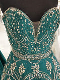 Sweetheart V Neck Emerald Green Satin Beaded Prom Dresses Evening Gowns Party Dress