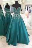 Sweetheart V Neck Emerald Green Satin Beaded Prom Dresses Evening Gowns Party Dress