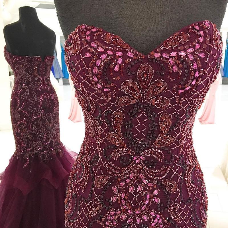 New Arrival Sweetheart Burgundy Beads Mermaid Prom Dresses Evening Party Dress