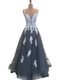 Deep V Neck Off the Shoulder Grey Tulle White Lace Prom Dresses Evening Party Dress