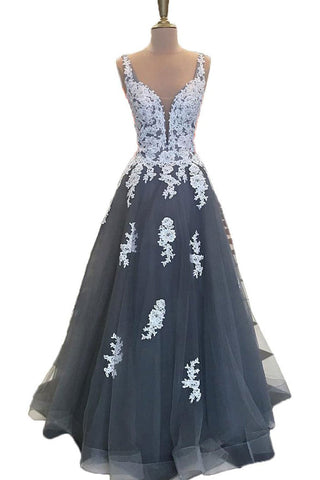 Deep V Neck Off the Shoulder Grey Tulle White Lace Prom Dresses Evening Party Dress