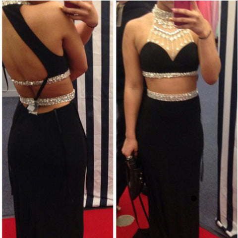 Mermaid Two Piece Black Chiffon Backless Long Evening Prom Dresses