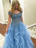 2 Pieces Short Sleeves Blue Lace Prom Dresses Party Dress