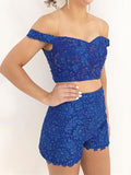 Two Pieces Royal Blue Lace Detachable Skirt Prom Dresses Evening Party Dress