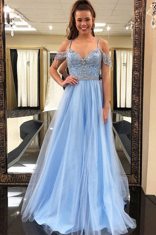 Fashion Straps Light Blue Rhinestones Prom Dresses Evening Formal Woman Dress
