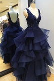 Hi-Lo Tiered Skirt V Neck Navy Blue Backless Prom Dresses Evening Gowns Dress