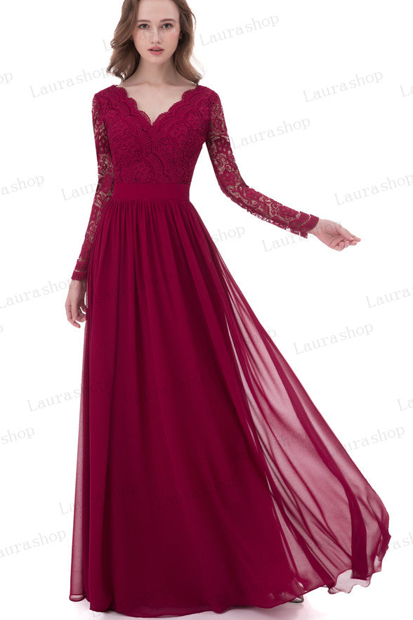 Fashion A Line Long Sleeves Burgundy Lace Prom Dresses Bridesmaid Dress
