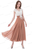 Ivory Lace Cap Sleeves V Neck Tea Length Prom Dresses Evening Party Dress