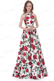 New Arrival 2 Pieces Printed Fabric Red Rose Prom Dresses Evening Formal Dress