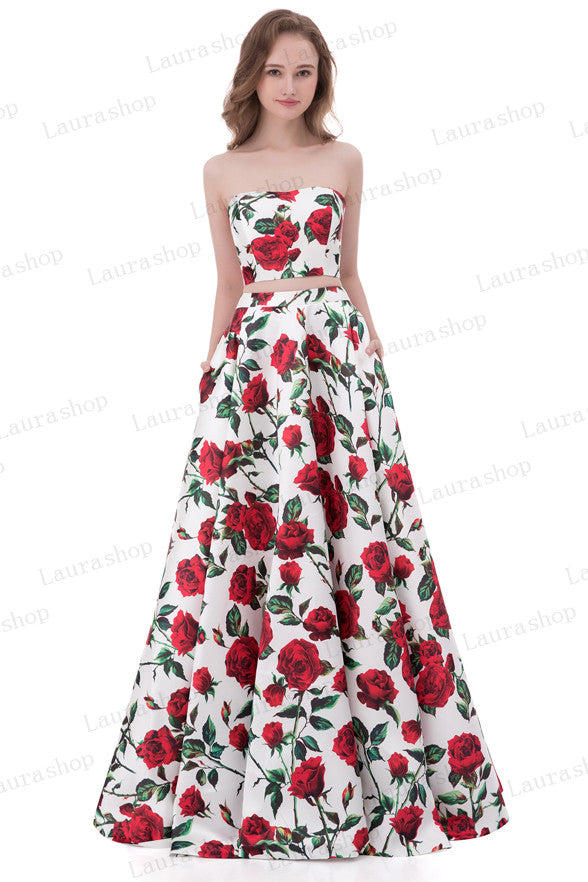 2 Pieces Rose Strapless Long Prom Dress Evening Formal Dresses