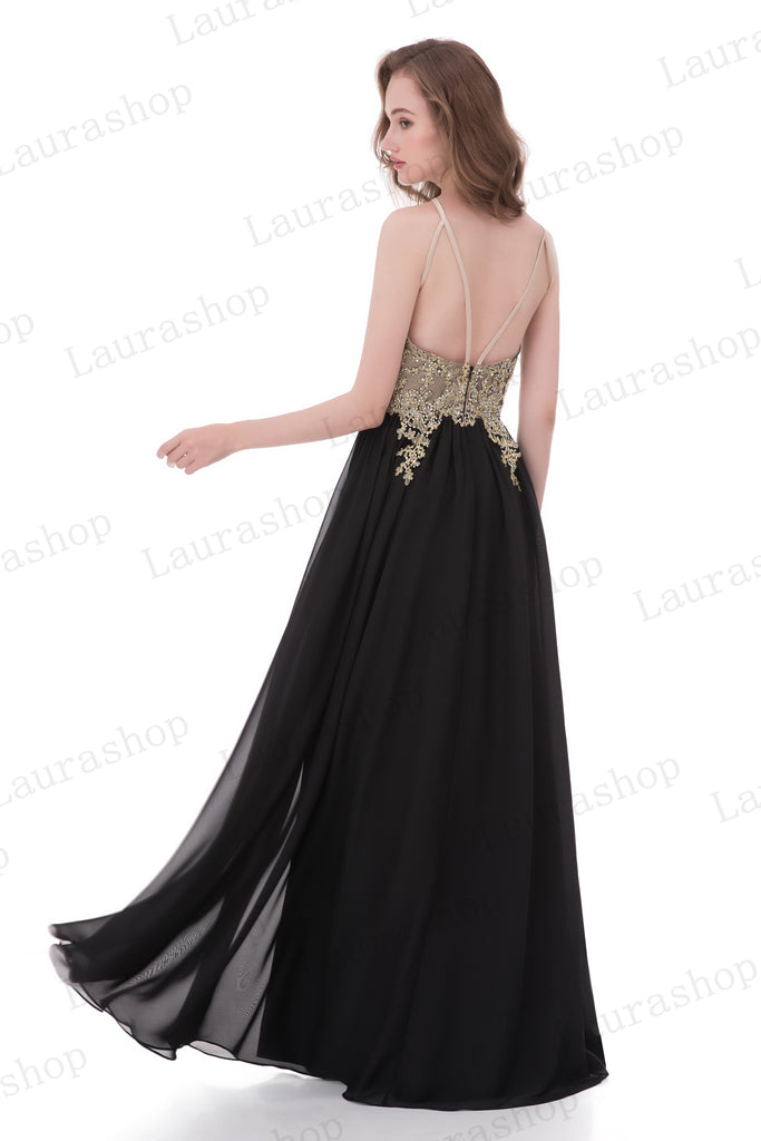 Chic Lace Appliques Black Chiffon Backless Prom Dresses Evening Formal Dress