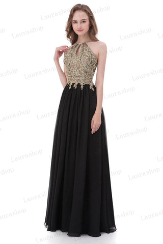 Chic Lace Appliques Black Chiffon Backless Prom Dresses Evening Formal Dress