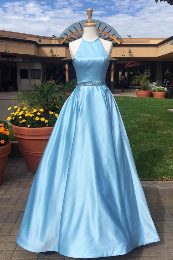 A Line Light Blue Halter Satin Long Prom Dresses Evening Gown Formal Dress