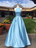 A Line Light Blue Halter Satin Long Prom Dresses Evening Gown Formal Dress