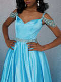 Light Blue Satin Off the Shoulder Plus Size Prom Dresses Evening Gown Formal Dress
