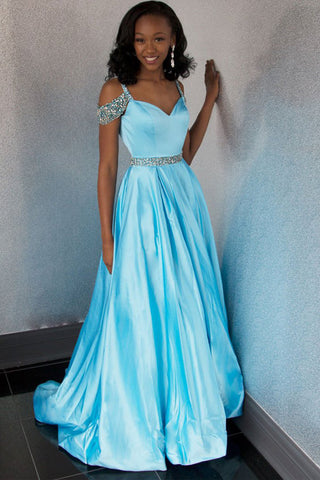 Light Blue Satin Off the Shoulder Plus Size Prom Dresses Evening Gown Formal Dress