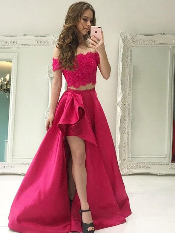 Chic Off the Shoulder 2 Pieces Lace Hi-lo Skirt Prom Dress Formal Dresses With Pocket