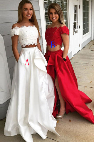 Chic Off the Shoulder 2 Pieces Lace Hi-lo Skirt Prom Dress Formal Dresses With Pocket