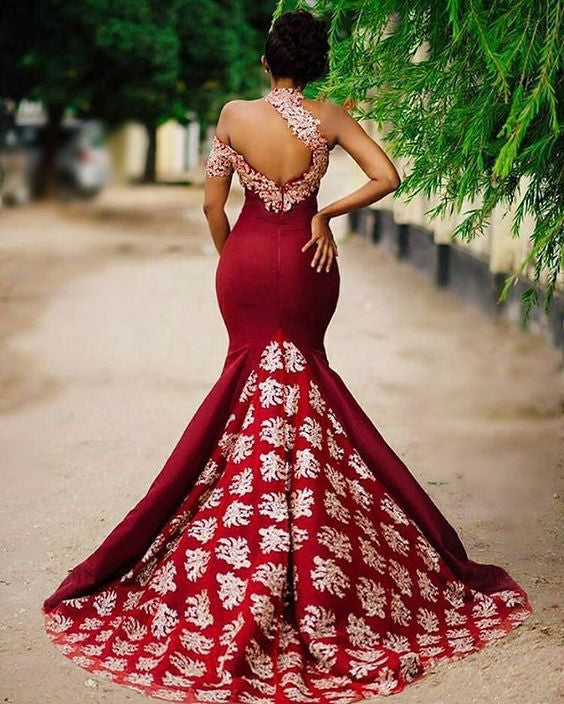 New Arrival Ivory Lace Burgundy One Shoulder Mermaid Long Evening Prom Dresses Party Gowns