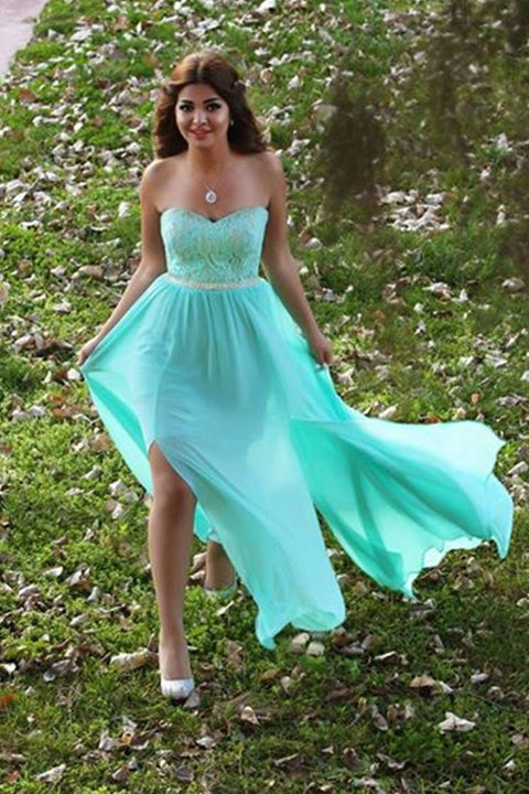 A Line Sweetheart Lace Slit Empire Waist Pregnant Prom Dresses Evening Party Dress
