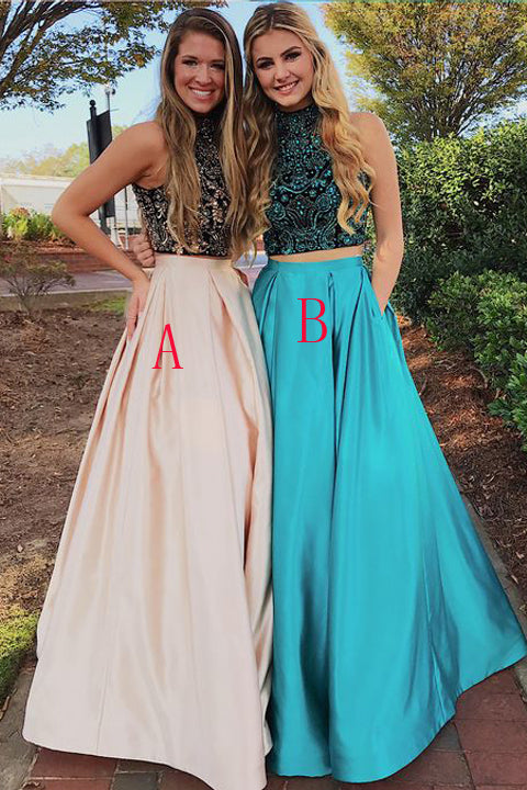 2 Pieces High Neck Pink Beaded Prom Dresses Formal Dress With Pocket