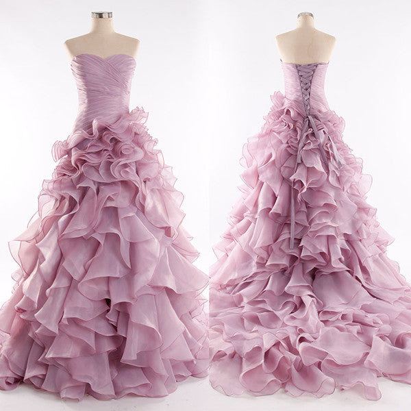 Blush Pink Hi-lo Tiered Skirt Long Quinceanera Dresses Prom Gowns