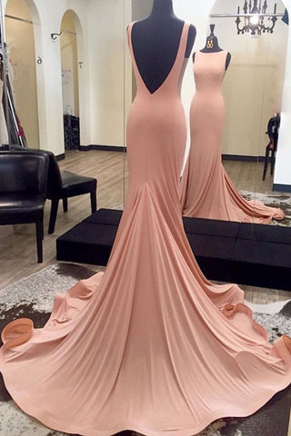 Elegant Backless Mermaid Blush Pink Long Evening Prom Dresses