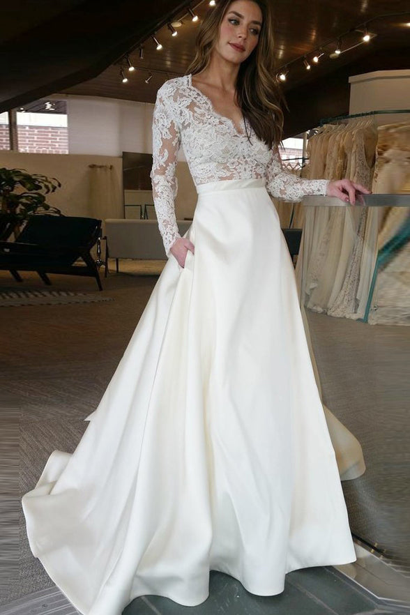 A Line Long Sleeves Ivory Lace Wedding Dresses With Pocket