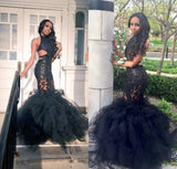 Sexy Halter Black Lace Open Back Mermaid Tiered Prom Dresses Formal Evening Dress
