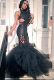 Sexy Halter Black Lace Open Back Mermaid Tiered Prom Dresses Formal Evening Dress