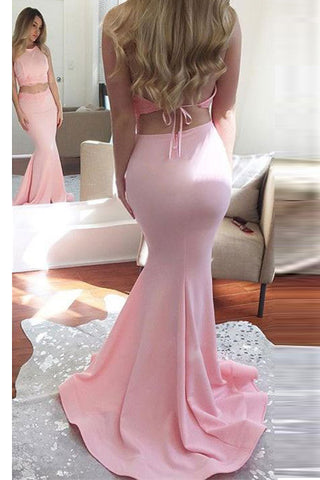 Open Back Mermaid Two Pieces Pink Halter Long Prom Dress Formal Party Dresses
