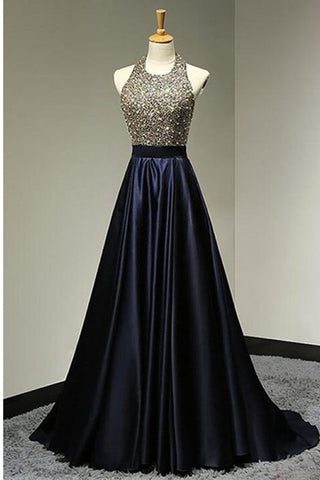 Hot Sales Backless Halter Black Satin Long Prom Dresses Evening Gowns