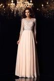 3/4 Sleeves See Through Blush Pink Beaded Prom Dresses Evening Formal Dress