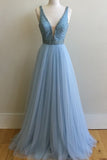 Light Blue A Line Deep V Neck Long Prom Dresses Evening Gowns