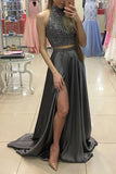 2 Pieces Sleeveless High Neck Front Slit Grey Evening Gowns Prom Dress