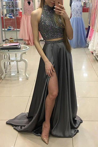 2 Pieces Sleeveless High Neck Front Slit Grey Evening Gowns Prom Dress