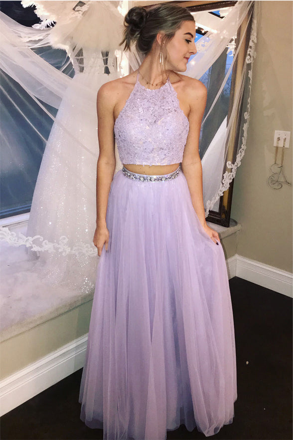 A Line Halter Beaded 2 Pieces Lilac Tulle Prom Dress