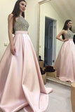 Beads Halter Pink Satin Ball Gown Graduation Dresses Prom Dress