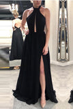 Elegant A Line Black Open Back Split Chiffon Long Prom Dresses