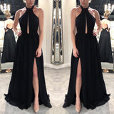 Elegant A Line Black Open Back Split Chiffon Long Prom Dresses