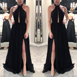 Elegant A Line Black Open Back Split Chiffon Long Prom Dresses
