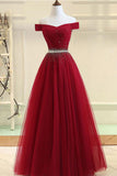 A Line Off the Shoulder Burgundy Tulle Prom Dresses