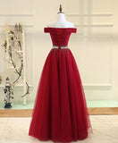 A Line Off the Shoulder Burgundy Tulle Prom Dresses