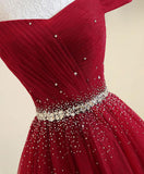 A Line Off the Shoulder Burgundy Tulle Prom Dresses